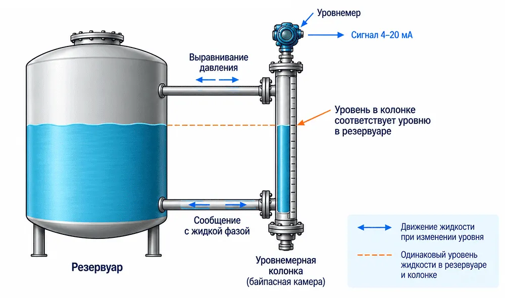 Принцип работы уровнемерной колонки Контроль уровня в резервуаре с одной уровнемерной колонкой
