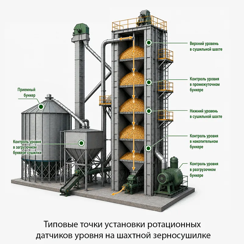 Типовые точки установки ротационных датчиков уровня на шахтной зерносушилке Особенности применения ротационных датчиков уровня в зерносушилках