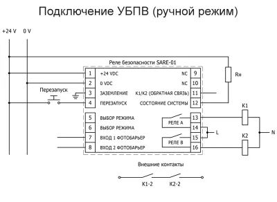 Подключение реле безопасности SARE-01 (ручной режим) фото