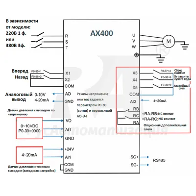 Схема подключения ПЧ AX400-402A43G  фото